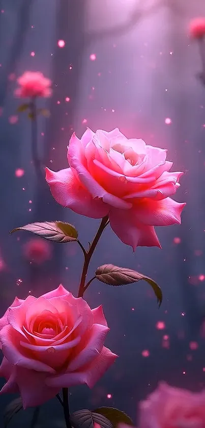 Enchanting pink roses blooming in a mystical forest setting.