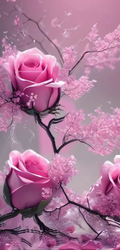 Mobile wallpaper featuring enchanting pink roses and delicate branches.