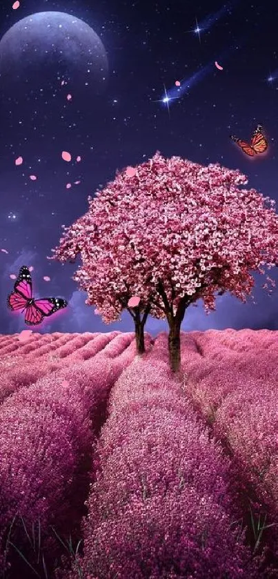 Pink tree and butterflies under a moonlit sky.