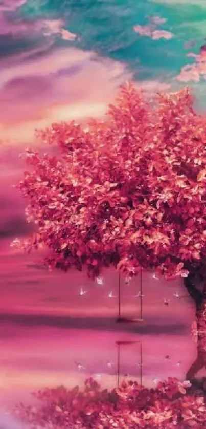 Enchanting pink tree with swings over serene reflective water.