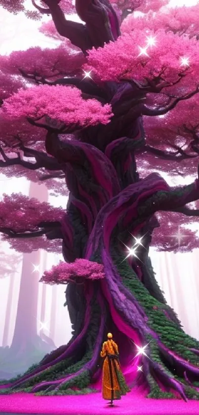 Vivid pink tree with surreal design in a mystical forest.