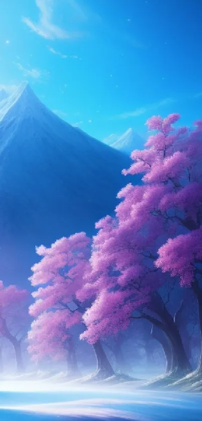 Enchanting wallpaper of pink trees and a blue mountain background.