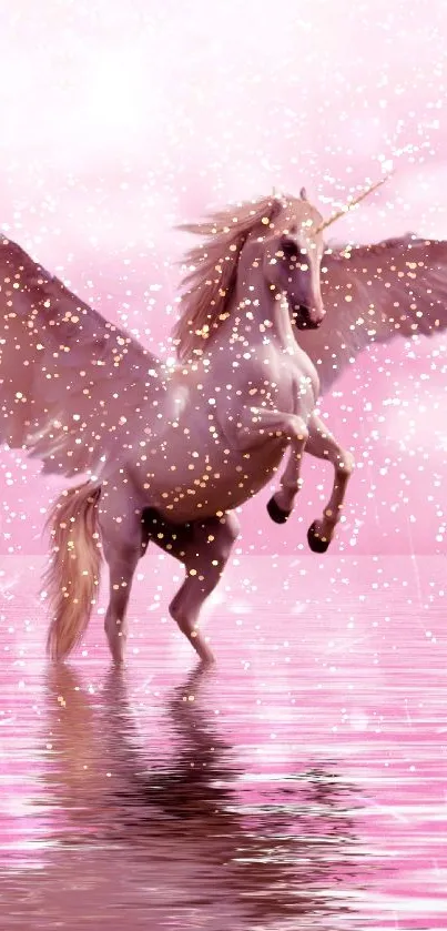 Winged unicorn over pink sea