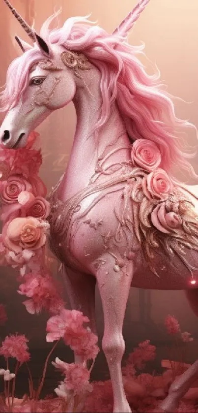 Enchanting pink unicorn amidst floral elements in a fantasy setting.