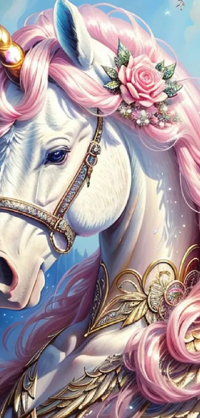 Majestic unicorn with pink mane and ornate design.
