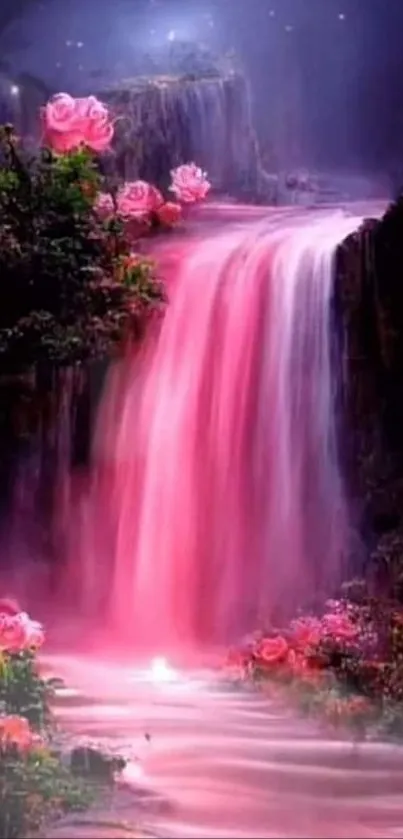 Enchanting pink waterfall with roses and vibrant landscape.