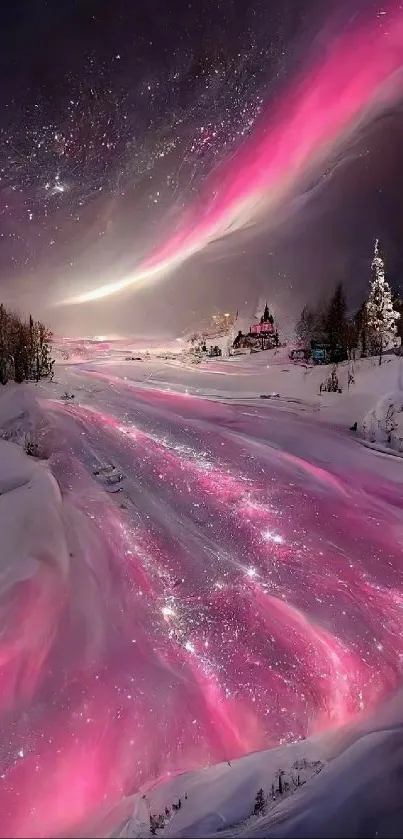 Magical pink aurora over snowy landscape.