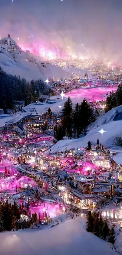 Enchanting pink-lit winter village in snow.