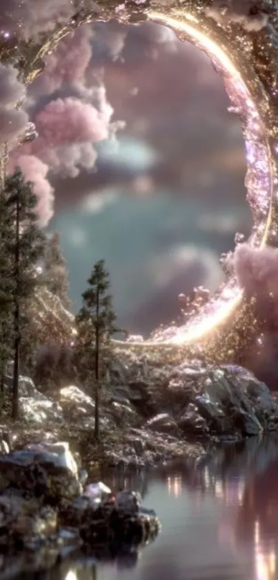 A portal glows in a fantasy forest landscape.