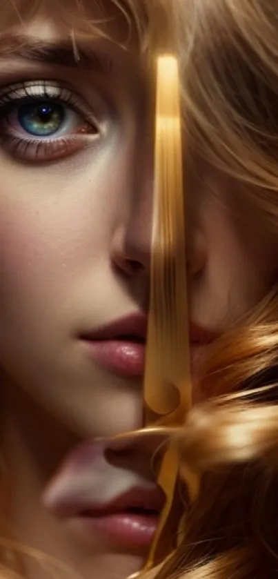 Portrait of a woman with a golden sword and vibrant eye.