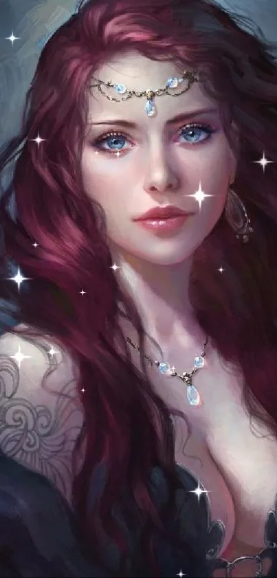 Enchanting woman with aubergine hair and captivating eyes in digital artwork.