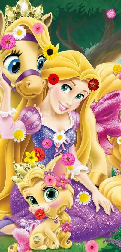 Cartoon princess with golden hair and cute animals in a magical forest setting.