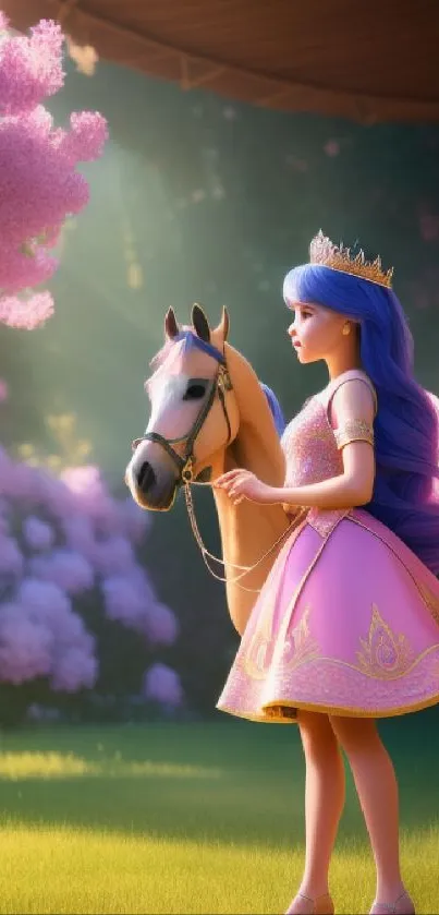 A princess with a horse in a pink floral meadow.