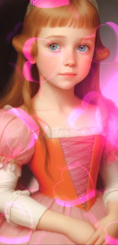 Young girl in a gown with pink hearts background.