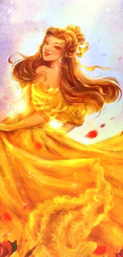 Artistic illustration of a princess in a golden dress with roses.