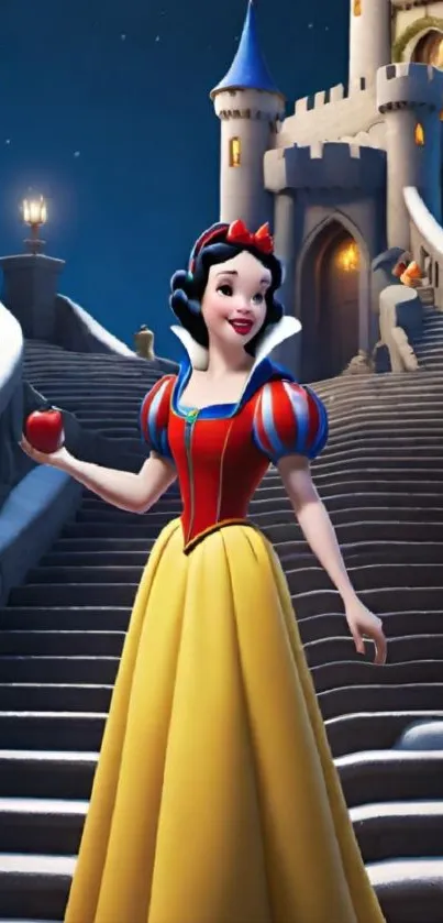 Princess standing at castle staircase holding an apple.