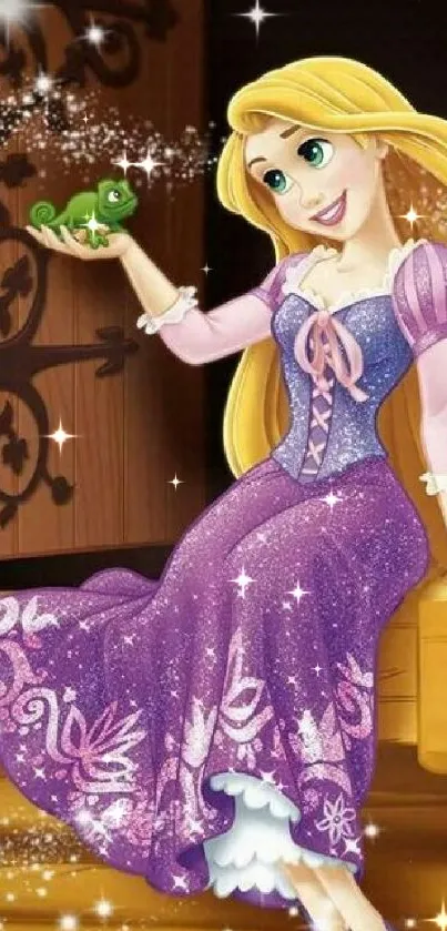 Enchanting princess artwork in purple dress with magical sparkles.