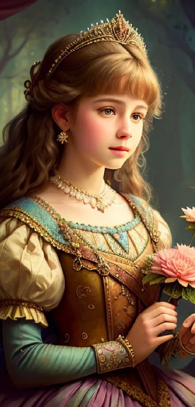 Beautiful fantasy princess with flowers and glowing star, medieval art style.