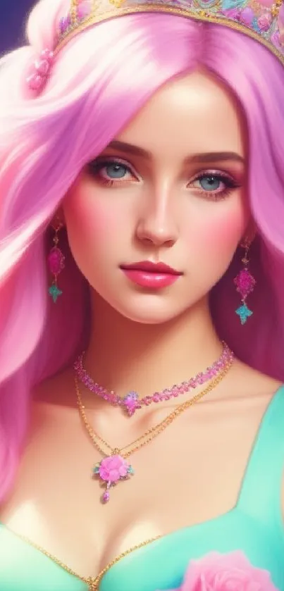 Fantasy princess with pink hair and crown in vibrant illustration.