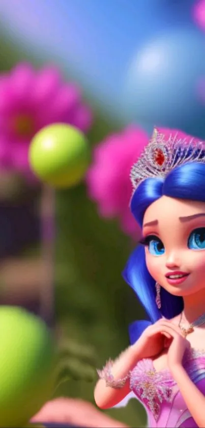 Enchanting princess with blue hair and tiara in a floral fantasy setting.