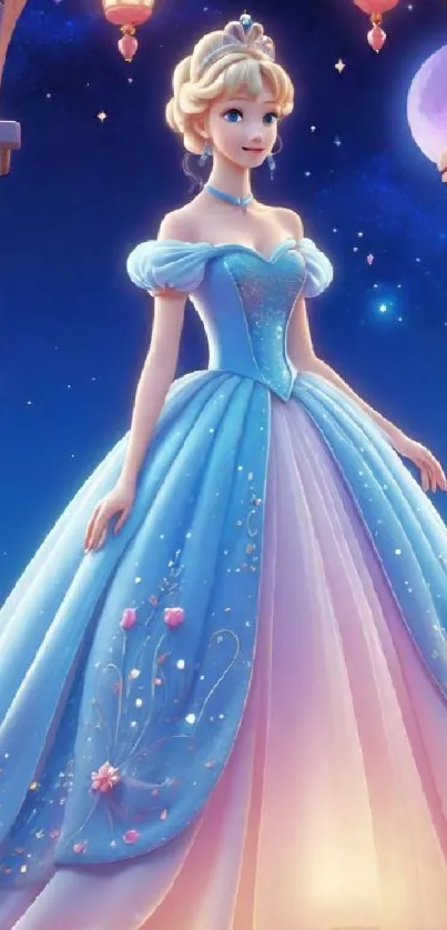 Fantasy princess in a moonlit night scene with elegant blue gown.