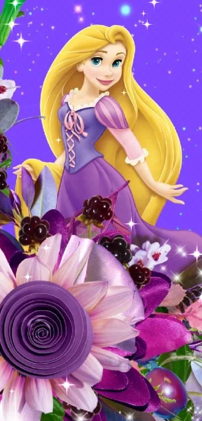 Magical princess with purple flowers wallpaper.