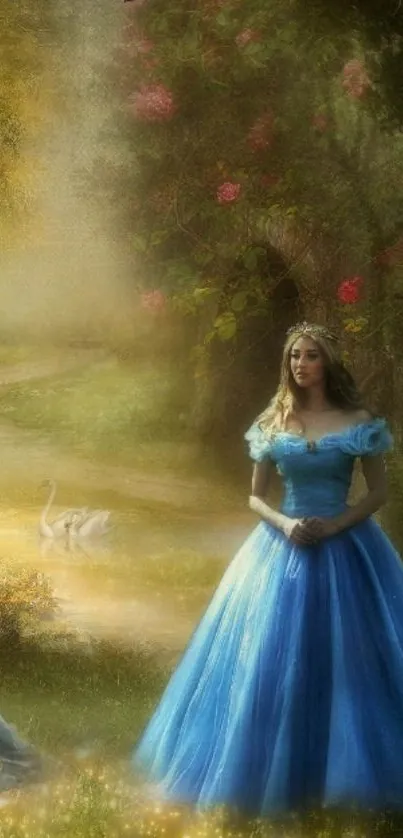 Princess in blue gown in magical forest scenery.