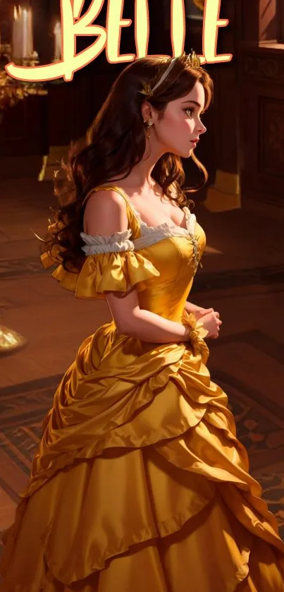 Princess in golden gown with elegant decor and warm lighting.