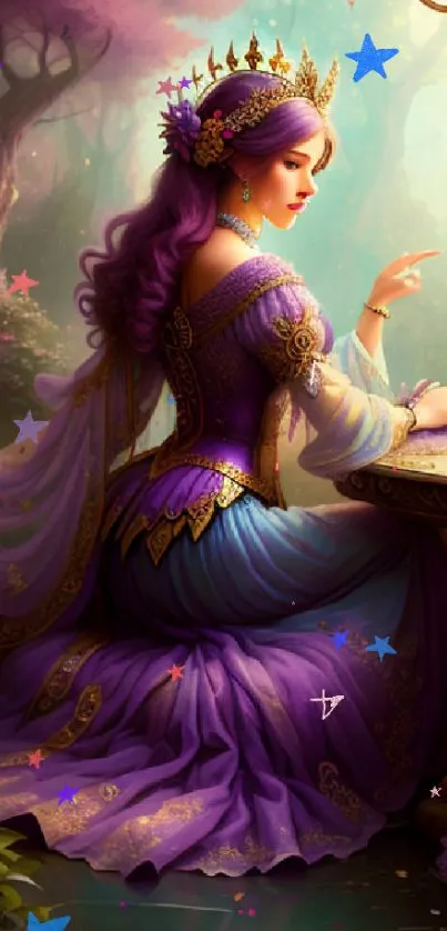 Enchanting princess in purple dress in magical garden setting.