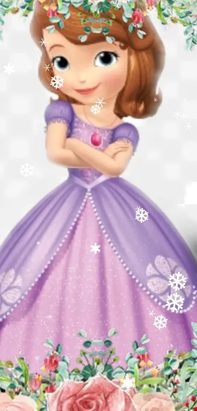 Cartoon princess in a purple dress with floral decor and snowflakes.