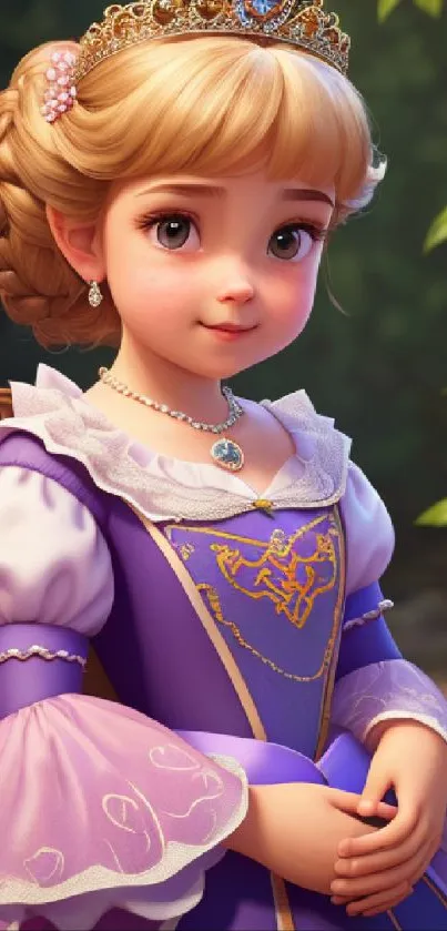 Charming princess in a purple dress with a crown in an enchanting setting.