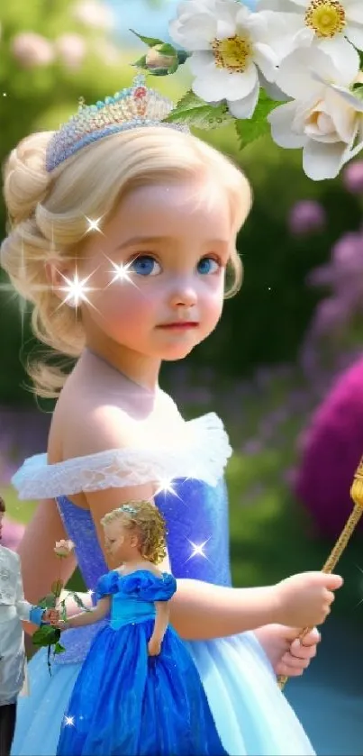 Little princess holding a scepter in a colorful garden setting.