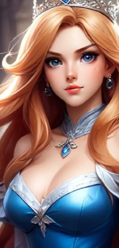 Enchanting princess with vibrant blue gown and crown, perfect for mobile screens.
