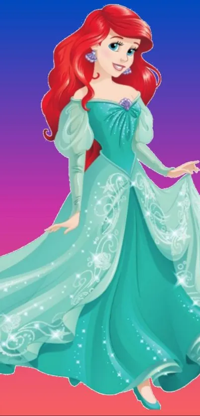 Enchanting princess with teal gown on vibrant gradient background.