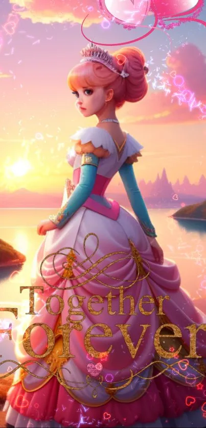 Princess with pink gown and sunset view, saying 'Together Forever'.