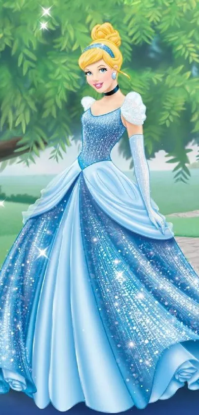 Enchanting princess in a blue gown with a garden backdrop.