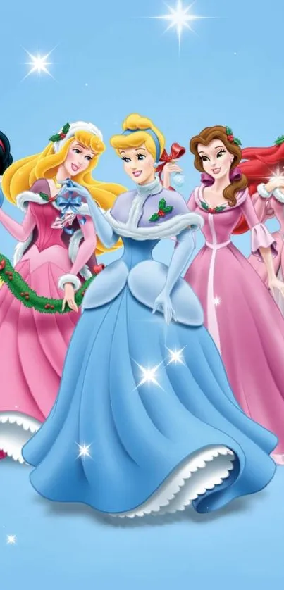 Mobile wallpaper of animated princesses in colorful gowns on a sky blue background.