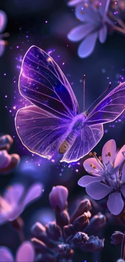 Purple butterfly glows amidst flowers in artistic wallpaper.