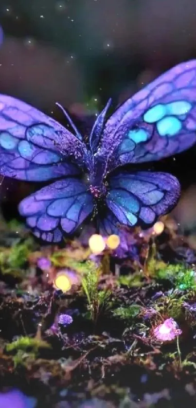 Purple butterfly glowing in dark forest.