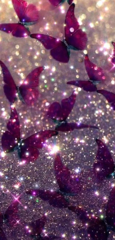 Purple butterflies with sparkling glitter background.