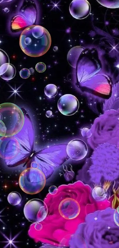 Purple butterflies and flowers with bubbles on a starry background.