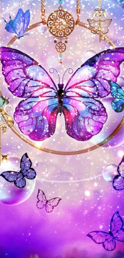 Enchanting mobile wallpaper with purple butterflies and magical elements.