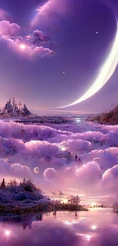 Mystical purple landscape with crescent moon and clouds reflecting a fantasy castle.