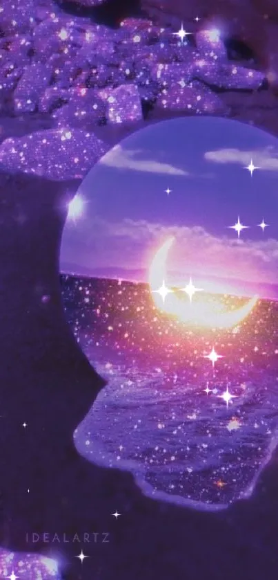 Purple dreamscape wallpaper with crescent moon and cosmic reflections.