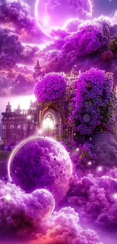 Purple dreamscape with enchanted castle and celestial clouds.