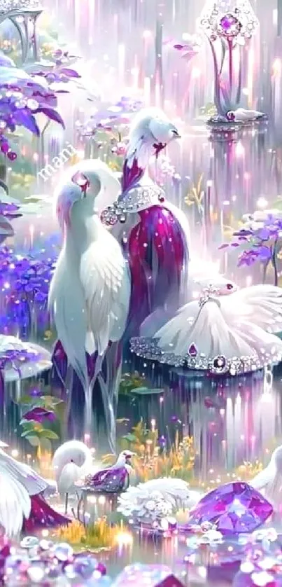 Fantasy birds amidst purple jewels and lush flora, enchanting wallpaper.