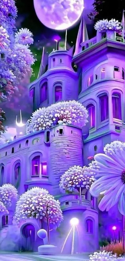 Purple fantasy castle wallpaper with dreamy flowers and moonlit sky.