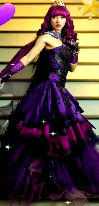 Woman in a royal purple dress on a staircase with magical elements.