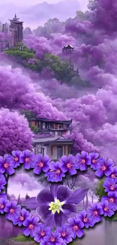 Purple landscape with flowers forming a heart and traditional house in the background.