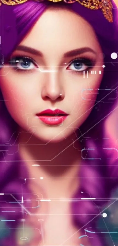 A mystical woman with purple hair in a digital fantasy setting.